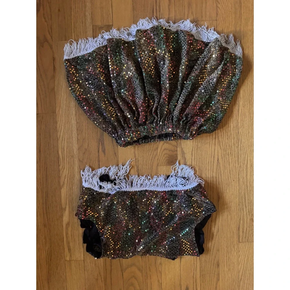 Kids Custom Sequin Dance Costume Set Vest Skirt Rainbow Sparkle Fringe Jazz Tap